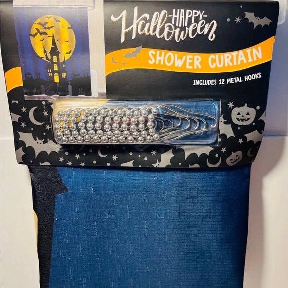 Happy Halloween Haunted House Bats Shower Curtain Includes 12 Metal Hooks - Picture 6 of 10